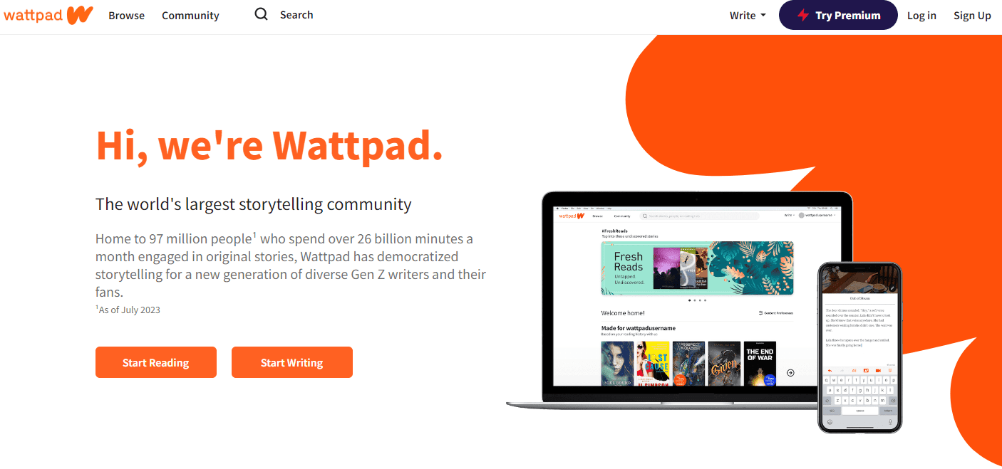 صفحه اصلی سایت wattpad